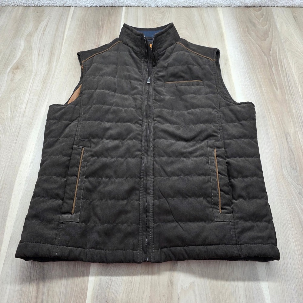 Enzo Tovare Quilted Puffer Vest Brown Faux Suede Full Zip Lined Mens Large Brown